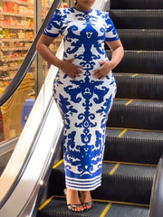 Elegant Round Collar Print Bodycon Maxi Dress