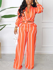 Casual Print Striped Shirt Straight Pants Two Piece Set