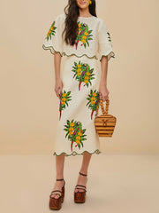 Elegant Print Ruched Crop Tops And Long Skirt Sets