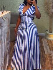 Elegant V Neck Stripe Print Cinched Waist Maxi Dress