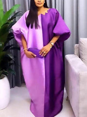 Plus Size Round Neck Contrast Color Loose Maxi Dress