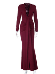 Elegant Deep V Pleated Bodycon Slit Maxi Dress