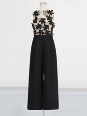 Floral Embellished Mesh See-through Wide Leg Jumpsuit