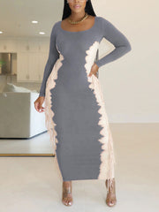 Fashion Contrast Color Side Fringe Maxi Dress