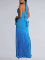 Sexy Halter Lace-up Fringes Maxi Dress