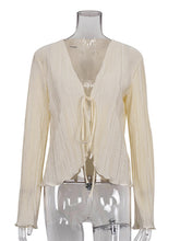 Sexy V Neck Lace-up Flared Sleeve Pleated Shirt