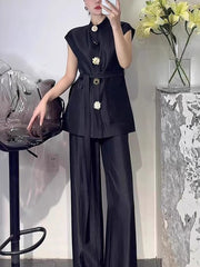 Elegant Waistcoat And Wide Leg Pants Casual Sets