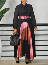 Fashion Color Block Bow Tie Neck A-line Pleated Dress