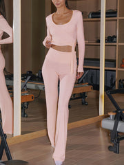 Casual Lace-up Crop Top High Waist Pants Sports Set
