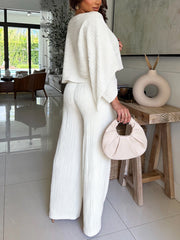 Fashion Loose Bat Sleeve Crop Top Wide Leg Pants Sets
