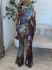 V Neck Print Elastic Sheer Mesh Trousers Two Piece Set