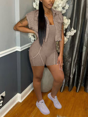 Casual Pocket Patchwork Lapel Romper Two Pieces Set