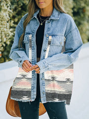 Fashion Denim Patchwork Contrast Aztec Jacket