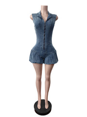 Casual Zipper Sleeveless Denim Romper