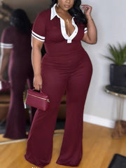 Elegant Turn-Down Collar Patchwork Wide Legs Jumpsuit