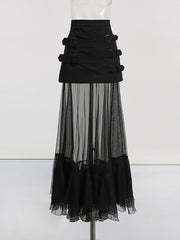 Fashion Patchwork Sheer Mesh Solid Maxi Skirt