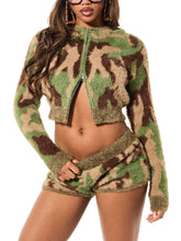Fluffy Camo Cropped Hooded Top And Shorts Sets