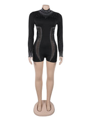 Sexy Rhinestone Sheer Mesh Elastic Slim Romper