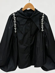 Fashion Puff Sleeve Rhinestone Embellished Casual Shirt
