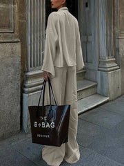 Casual V Neck Lace-up Shirt Wide Leg Pants Set