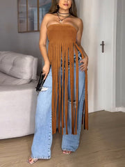 Sexy Suede Strapless Solid Fringe Dress