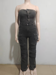 Casual High Waist Cargo Denim Jumpsuit