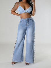 Fashion Split Metal Chain Diamond Straight Jeans