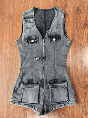 Sexy V-neck Sleeveless Denim Romper