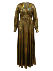 Sexy Metallic Deep V-Neck High Waist Maxi Dress