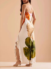 Floral Print One-Shoulder Side Ruffles Maxi Dress