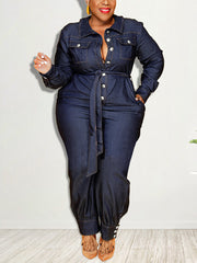 Plus Size Casual Bandage Denim Jumpsuit