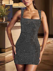 Sexy Rhinestone Boydcon Spaghetti Strap Mini Dress