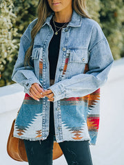 Fashion Denim Patchwork Contrast Aztec Jacket