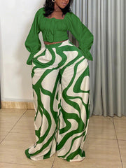 Casual Print Lace-up Crop Top Wide Leg Pants Set