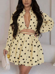 Polka Dots Print Lace-Up Cropped Shirt Bubble Skirt Set