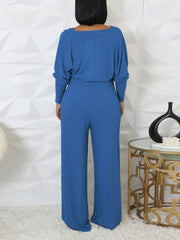 Casual Ribbed Jumpsuit Long Sleeve Cardigan Set