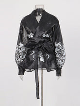 Elegant Mesh Sheer Print Lace-up Blouse
