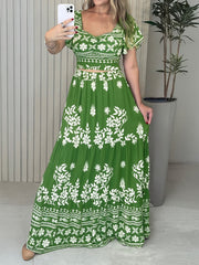 Casual Print Crop Top High Waist Maxi Skirt Set