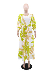 Casual Leaf Print Lace-Up Cinched Waist Maxi Dress