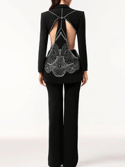 Rhinestone Hollow Out Blazer and Straight Pants Suit