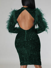 Sequin Feather Splicing Long Sleeve Backless Midi Dress