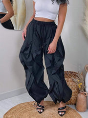 Casual Elastic Waist Drawstring Wave Pleated Pants
