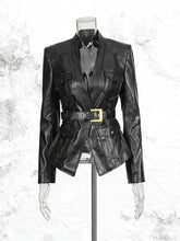 Fashion Deep V Belted Cinched Waist Faux Leather Jacket