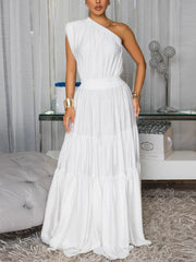 Single Shoulder Cinched Waist Tiered Maxi Dress