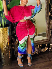 Casual Print Off Shoulder Top And Slit Skirt Sets
