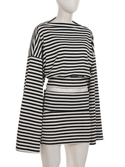 Striped Batwing Sleeve Top And Package Hip Skirt Sets