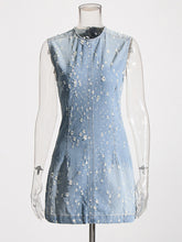 Casual Round Neck Sleeveless Frayed Mini Denim Dress