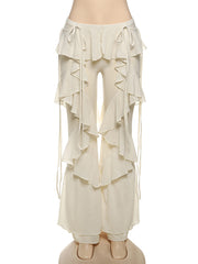 Layered Ruffle Flare Leg Elastic Waist Pants