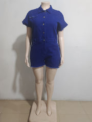 Turn-Down Collar Cinched Waist Casual Denim Romper