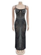 Sexy Rhinestone Sheer Mesh Spaghetti Strap Maxi Dress